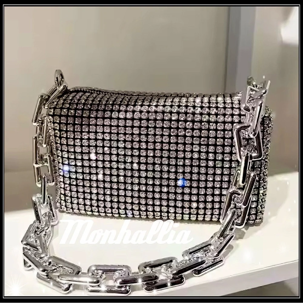 NEW SILVER & BLACK CRYSTAL NETTED MESH CHAIN LINK FORMAL BARREL BAG PURSE